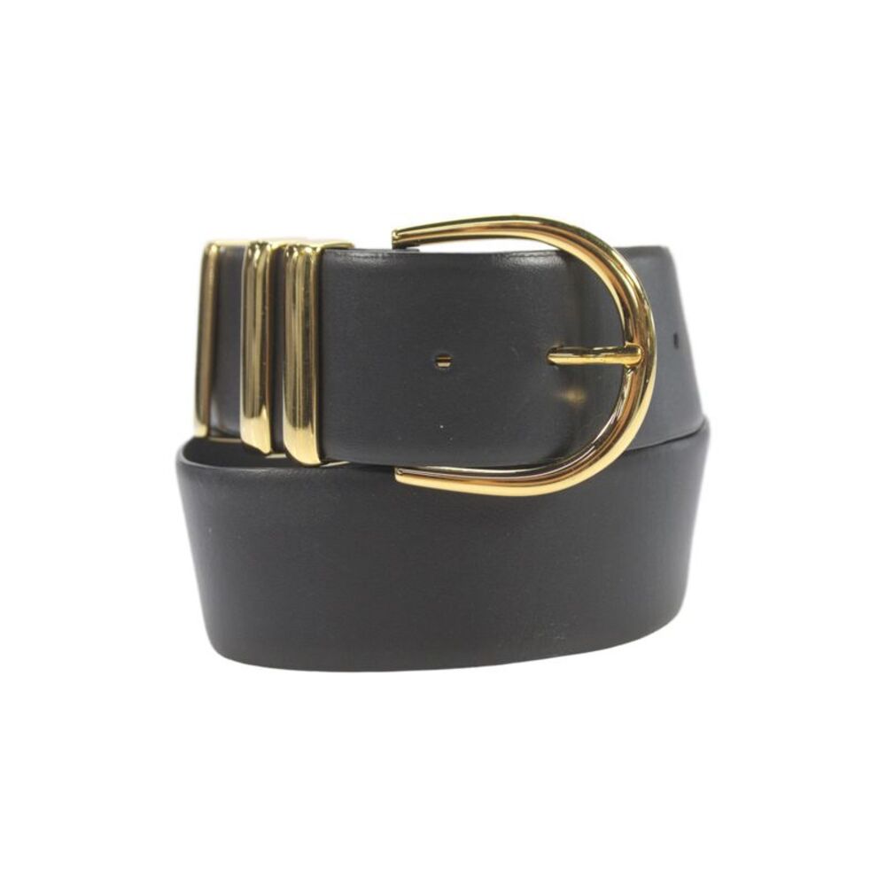 Khaite Womens Medium Width Leather Buckle Belt Black Gold Tone Size Small